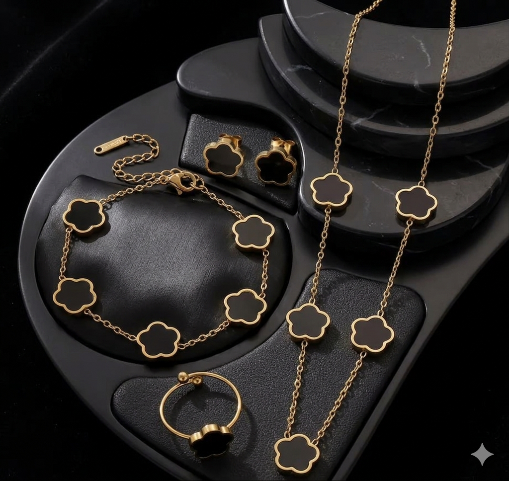 18K Gold Plated Burgundy Clover 4-Piece Jewelry Set