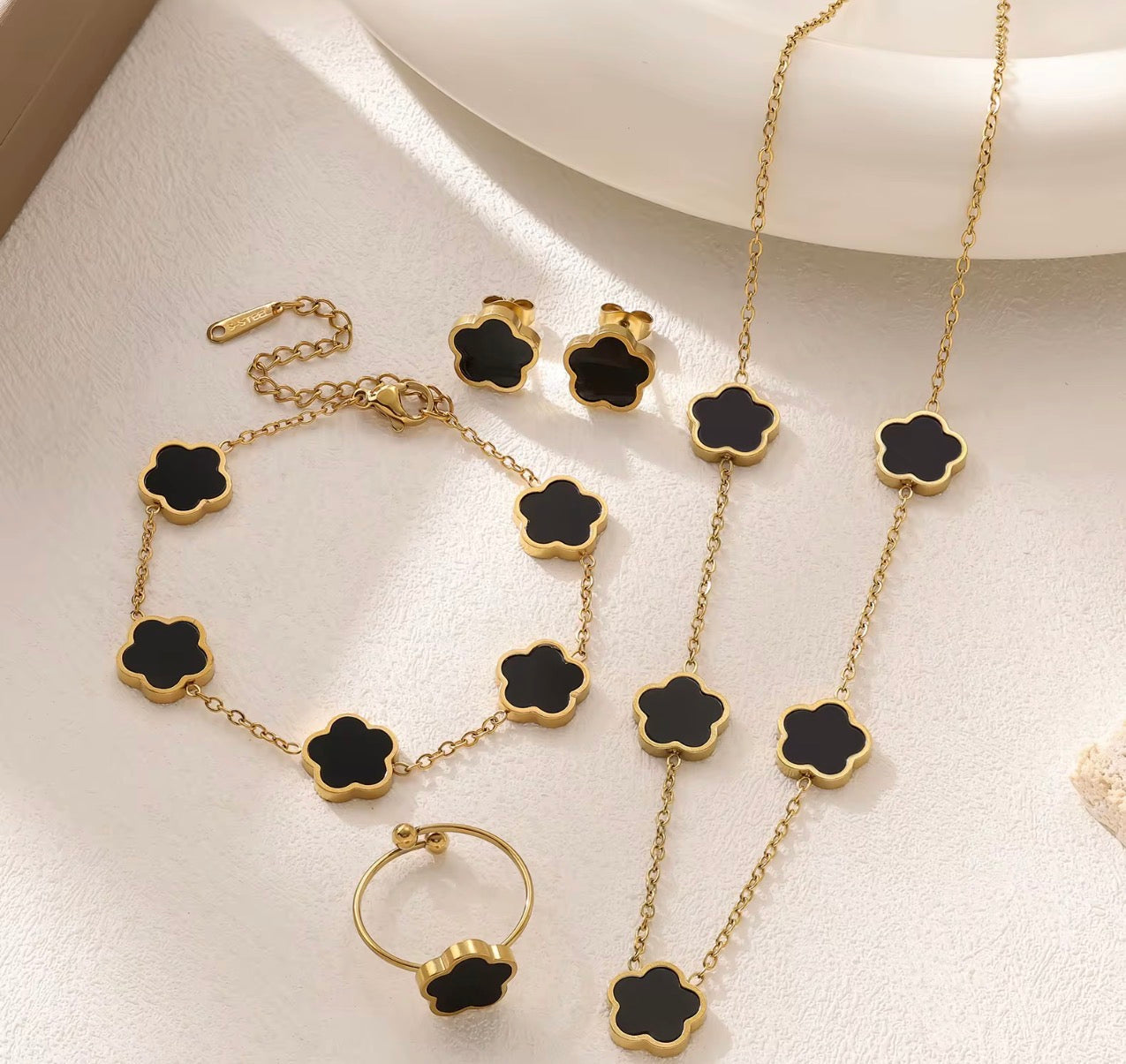 18K Gold Plated Green and Opal Clover 4-Piece Jewelry Set